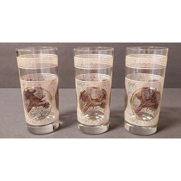 VTG 1970s MCM Libbey Highball Glassware Set of 3 Game Birds Pheasant/ /Duck - Picture 2 of 11